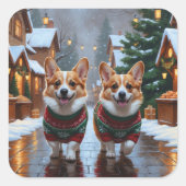 Corgi Dogs Christmas Snow Holiday Quadratischer Aufkleber (Vorderseite)
