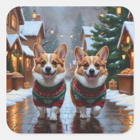 Corgi Dogs Christmas Snow Holiday Quadratischer Aufkleber (Vorderseite)