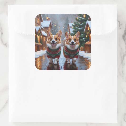 Corgi Dogs Christmas Snow Holiday Quadratischer Aufkleber (Tasche)