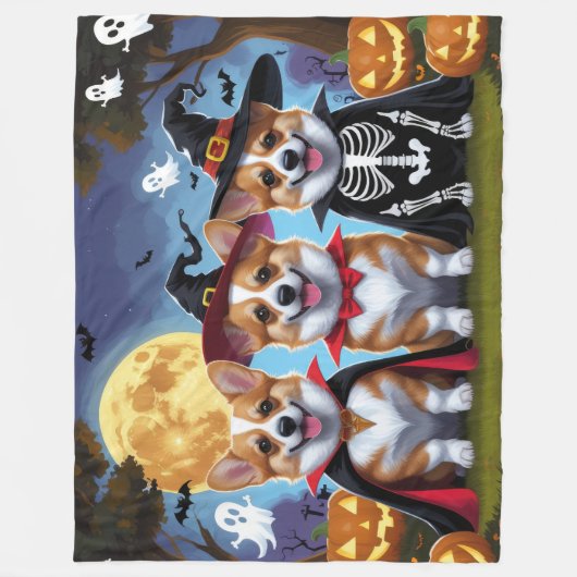 Corgi Dogs Pumpkin Halloween Funny Fleecedecke (Vorderseite)