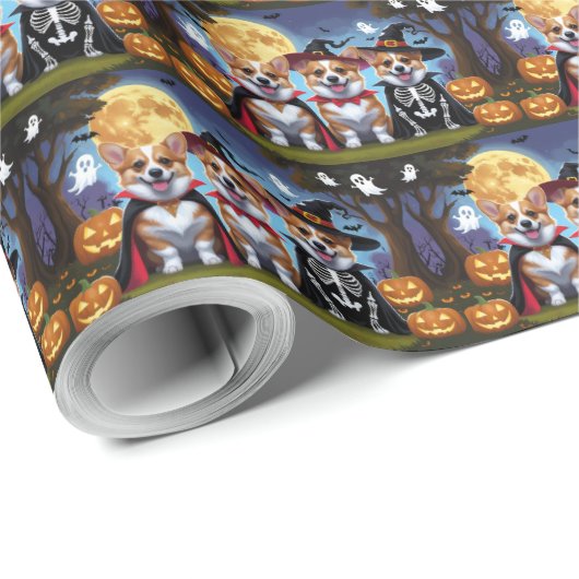 Corgi Dogs Pumpkin Halloween Funny Geschenkpapier (Rolleneckpunkt)
