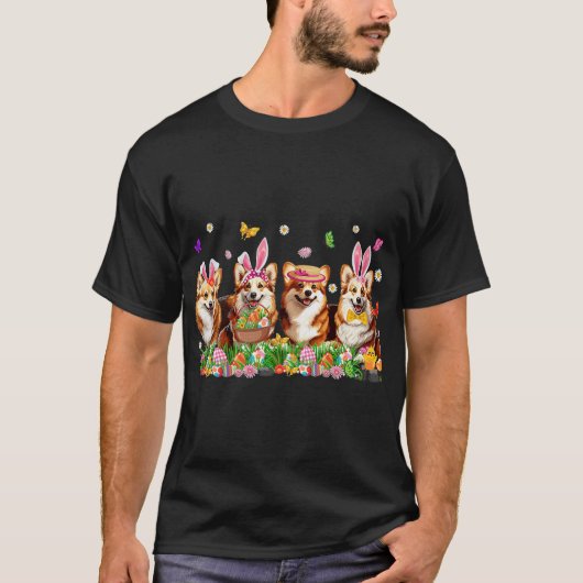 Corgi Dogs With Bunny Ears Egg Basket Easter Day T-Shirt (Vorderseite)
