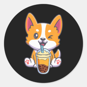 Corgi Drinking Boba Bubble Tea Drink Dog Anime Kaw Runder Aufkleber