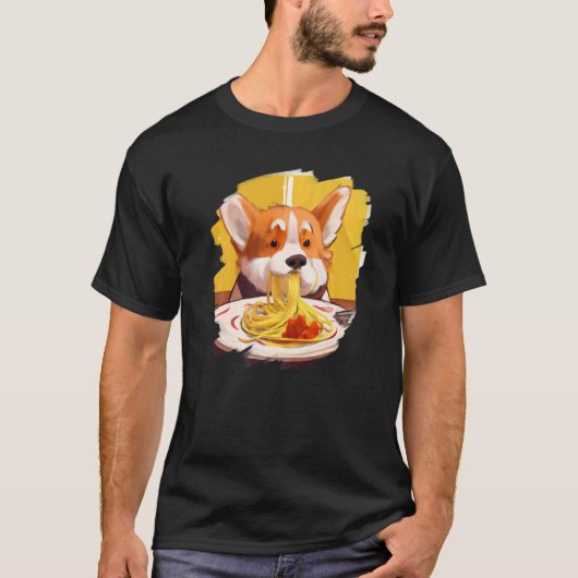 Corgi Eating Spaghetti Pasta Funny Dog Italienisch T-Shirt (Vorderseite)