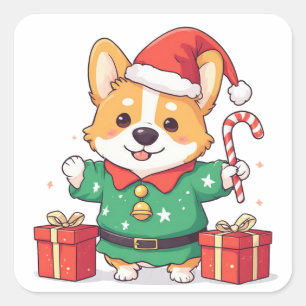 Corgi-Elf hält eingepacktes Weihnachtsgeschenk Quadratischer Aufkleber