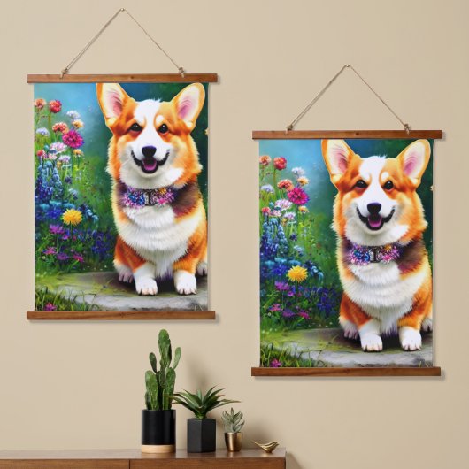 Corgi Flower Garden Wandteppich Mit Holzrahmen (Asymmetrisch)