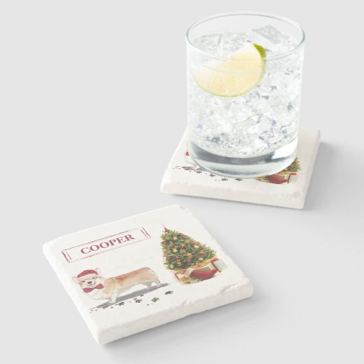 Corgi Funny Christmas Dog mit Tree Steinuntersetzer (Seitenansicht)