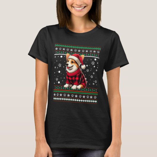 Corgi Funny Ugly Buffalo Karierte Weihnachtsmannmü T-Shirt (Vorderseite)