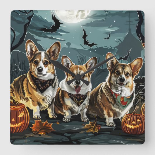 Corgi Halloween Spooky Quadratische Wanduhr (Vorderseite)