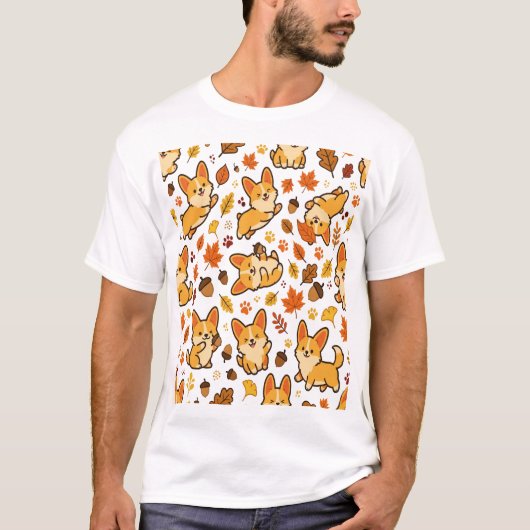 Corgi Herbstlaub Fallmuster T-Shirt (Vorderseite)
