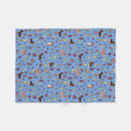 Corgi Herbstlaubs Pattern Dusty Blue Fleecedecke (Vorderseite (Horizontal))