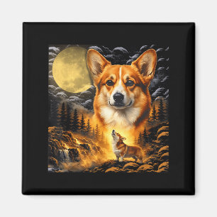 Corgi heult zum Mond, Vintage-Mond 90er Tier Magnet