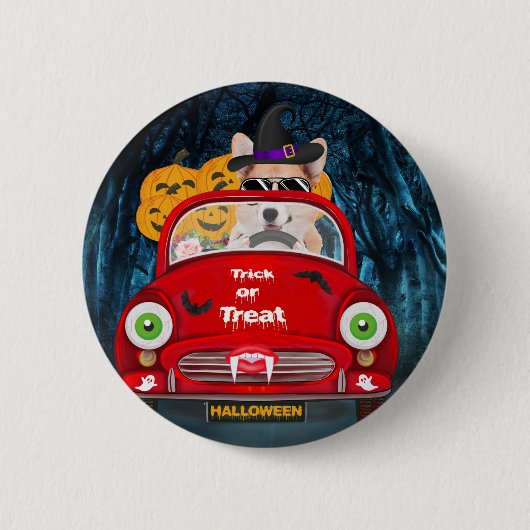 Corgi Hund Autofahren Auto Beängstigend Halloween Button (Vorderseite)