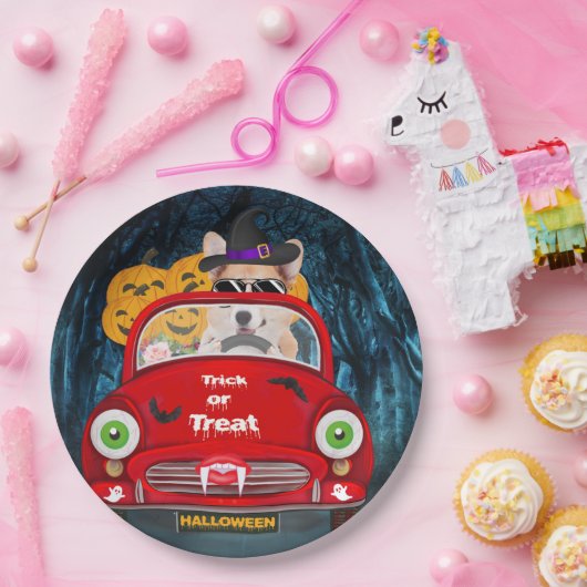 Corgi Hund Autofahren Auto Beängstigend Halloween Pappteller (Party)