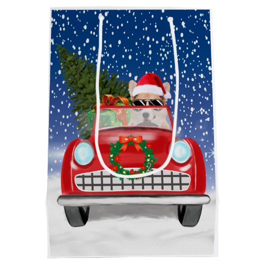 Corgi Hund Autofahren Auto in Schnee Weihnachten Mittlere Geschenktüte (Rückseite)