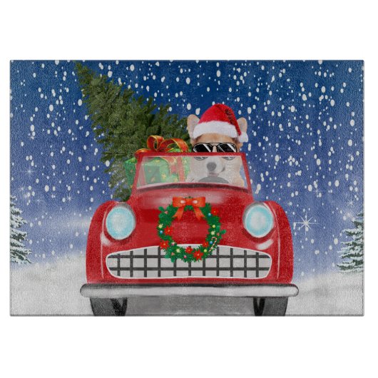 Corgi Hund Autofahren Auto in Schnee Weihnachten Schneidebrett (Vorderseite)