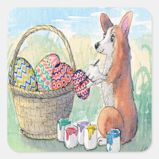 Corgi Hund bemalt Ostereier, Osterhacker Quadratischer Aufkleber (Vorderseite)