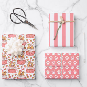 Corgi-Hund-Cupcake-Verpackungspapier Set von 3 Geschenkpapier Set