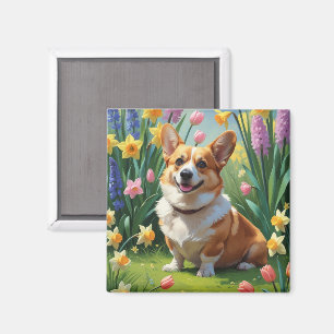 Corgi-Hund Frühlingsblumen Malerei Magnet