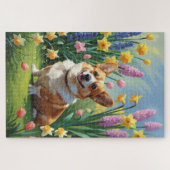 Corgi-Hund-Frühlingsblumen-Malerei  Puzzle (Horizontal)