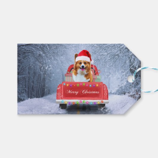 Corgi Hund im Schnee sitzen im Weihnachtswagen Geschenkanhänger (Vorderseite (Horizontal))