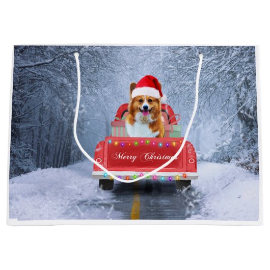 Corgi Hund im Schnee sitzen im Weihnachtswagen Große Geschenktüte (Vorderseite)
