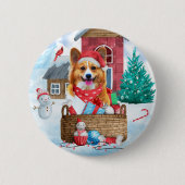 Corgi Hund im Schnee Weihnachtshundehaus Button (Vorderseite)