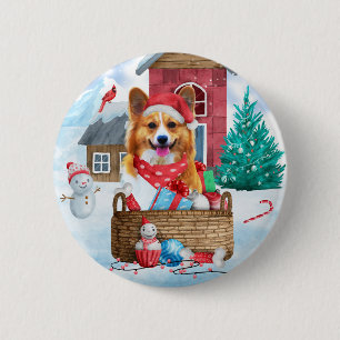 Corgi Hund im Schnee Weihnachtshundehaus Button