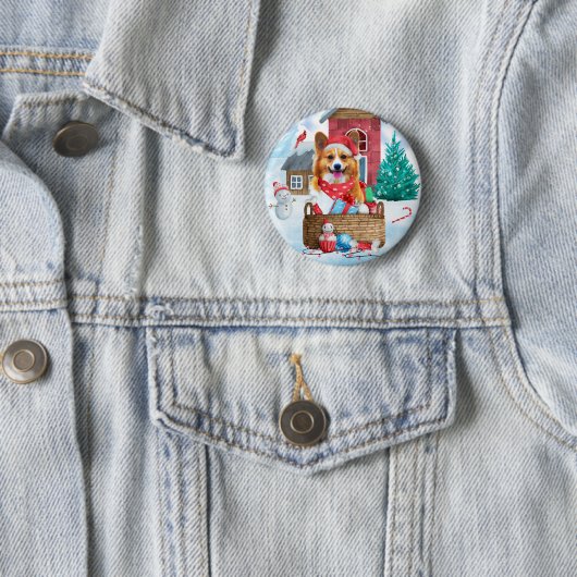 Corgi Hund im Schnee Weihnachtshundehaus Button (Beispiel)