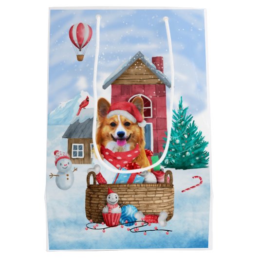 Corgi Hund im Schnee Weihnachtshundehaus Mittlere Geschenktüte (Rückseite)