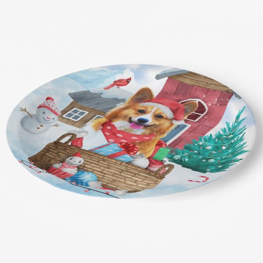 Corgi Hund im Schnee Weihnachtshundehaus Pappteller (Schrägansicht)