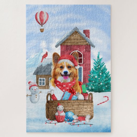 Corgi Hund im Schnee Weihnachtshundehaus Puzzle (Vertikal)