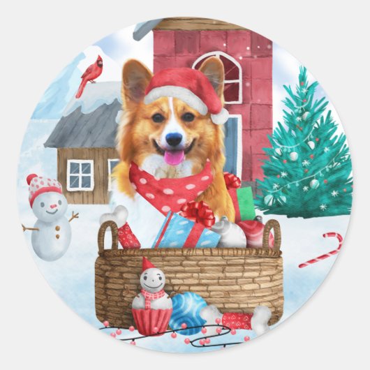 Corgi Hund im Schnee Weihnachtshundehaus Runder Aufkleber (Vorderseite)