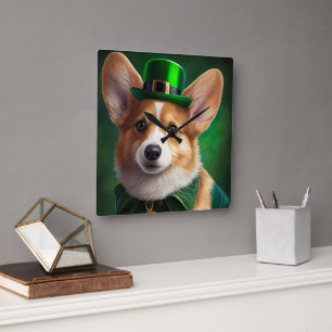 Corgi-Hund im St. Patrick's Day-Kleid Quadratische Wanduhr