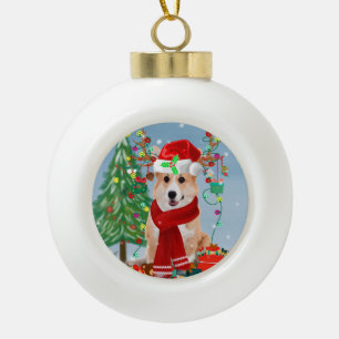 Corgi Hund in Schnee mit Weihnachtsgeschenken Keramik Kugel-Ornament