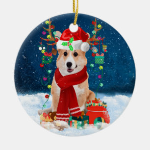 Corgi Hund in Schnee mit Weihnachtsgeschenken Keramik Ornament