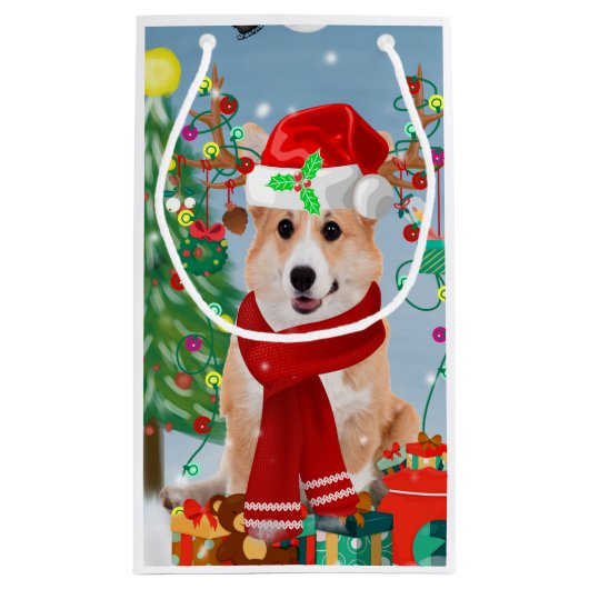 Corgi Hund in Schnee mit Weihnachtsgeschenken Kleine Geschenktüte (Rückseite)