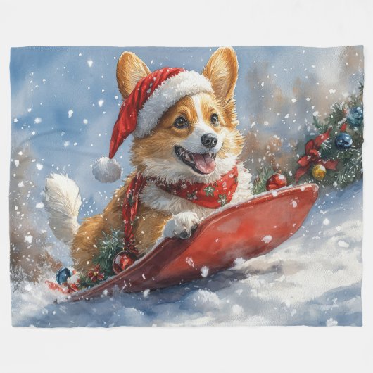 Corgi Hund in Sledge Let it Snow Weihnachten Fleecedecke (Vorderseite (Horizontal))