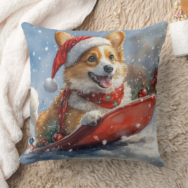 Corgi Hund in Sledge Let it Snow Weihnachten Kissen (Decke)