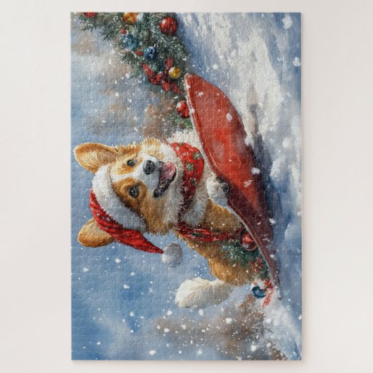 Corgi Hund in Sledge Let it Snow Weihnachten Puzzle (Vertikal)