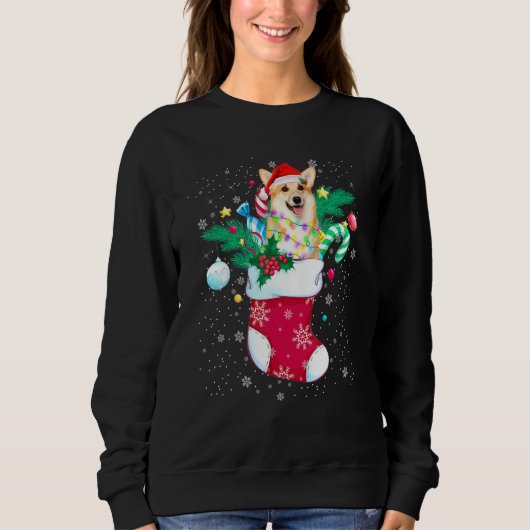 Corgi Hund in Sock Funny Christmas Lights Pajama S Sweatshirt (Vorderseite)