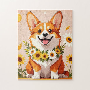 Corgi Hund Krone aus Sonnenblumen Wandkunst Dekor Puzzle