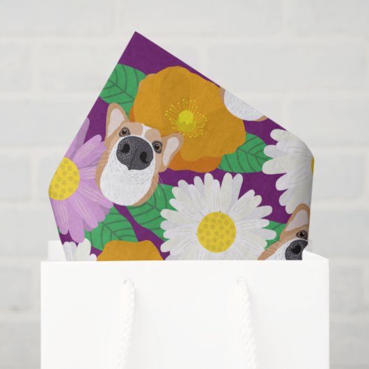 Corgi Hund mit Blume Lila Gemustert Seidenpapier (Geschenktüte)
