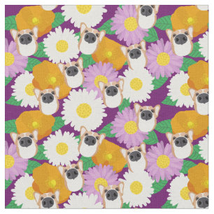 Corgi Hund mit Blume Lila Gemustert Stoff