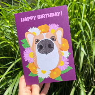 Corgi Hund mit Blume Lila Personalisiert Karte