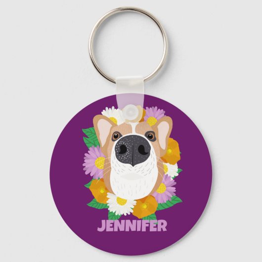 Corgi Hund mit Blume Lila Personalisiert Schlüsselanhänger (Vorderseite)