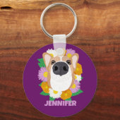 Corgi Hund mit Blume Lila Personalisiert Schlüsselanhänger (Vorderseite)