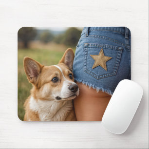 Corgi Hund mit jungen Frauen in Denim Shorts Mousepad