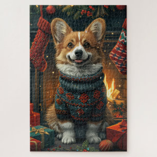 Corgi-Hund mit Weihnachtsgeschenken am Kamin Puzzle