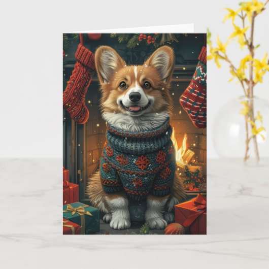 Corgi Hund mit Weihnachtsgeschenken Feuerplatz Karte (Gelbe Blume)